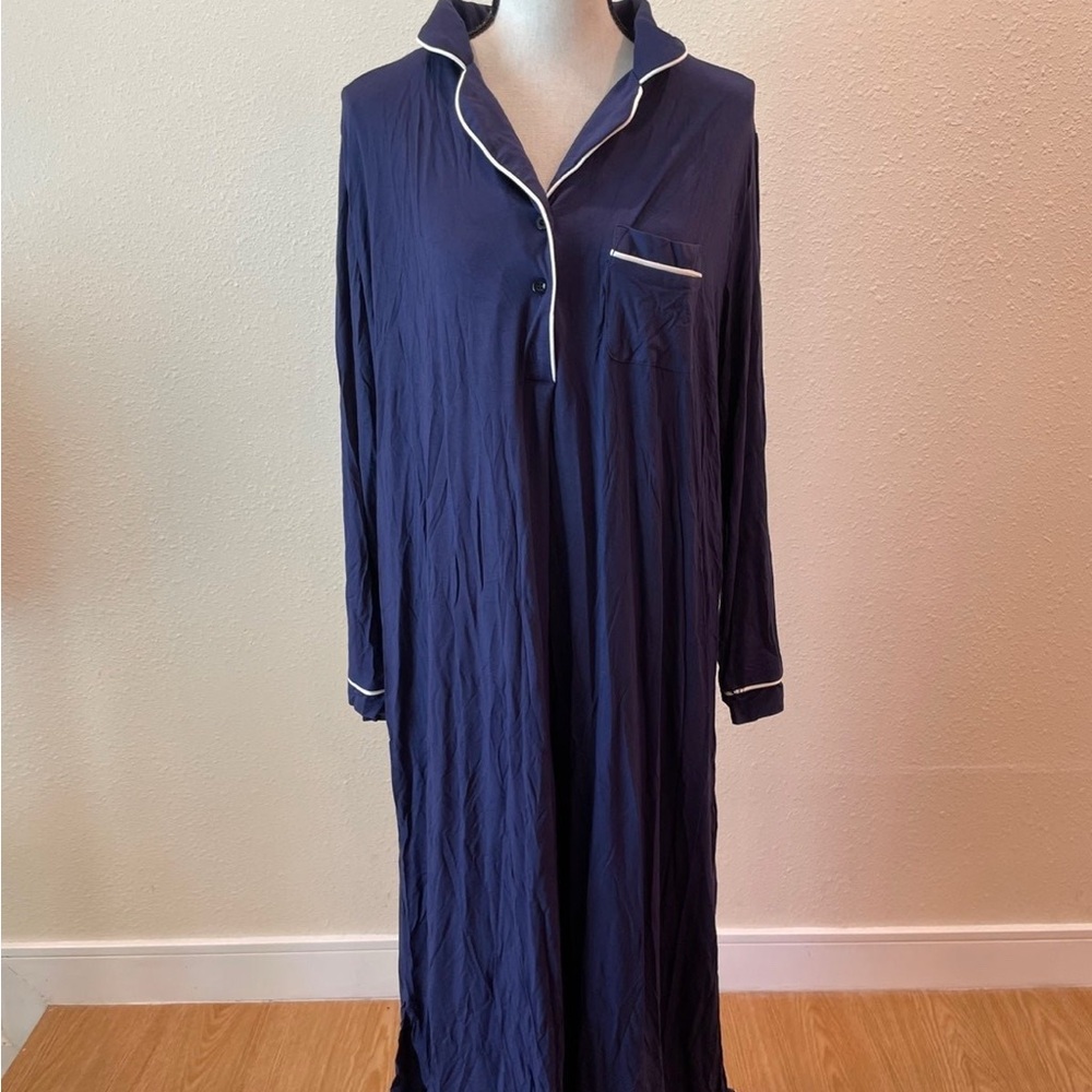 SUNNYME Button Up Embroidery Contrast Piping Satin Blue Nightgown Dress